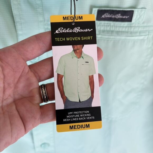 Eddie Bauer Tech Woven Shirt Mens Medium Teal Blue Short Sleeve Fishing Vented - Picture 6 of 16